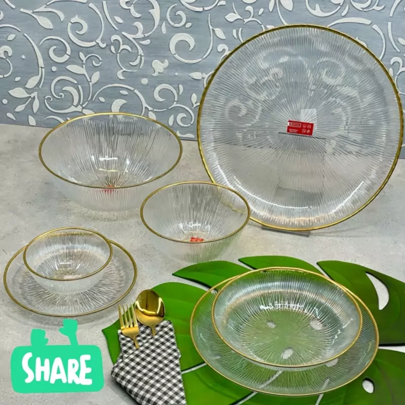 بشقاب برنج خوری شیشه ای لب طلا طرح سولو ( ست 6 عددی )