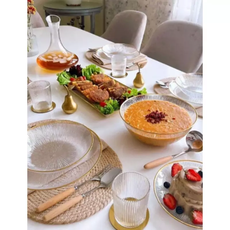 بشقاب برنج خوری شیشه ای لب طلا طرح سولو ( ست 6 عددی )
